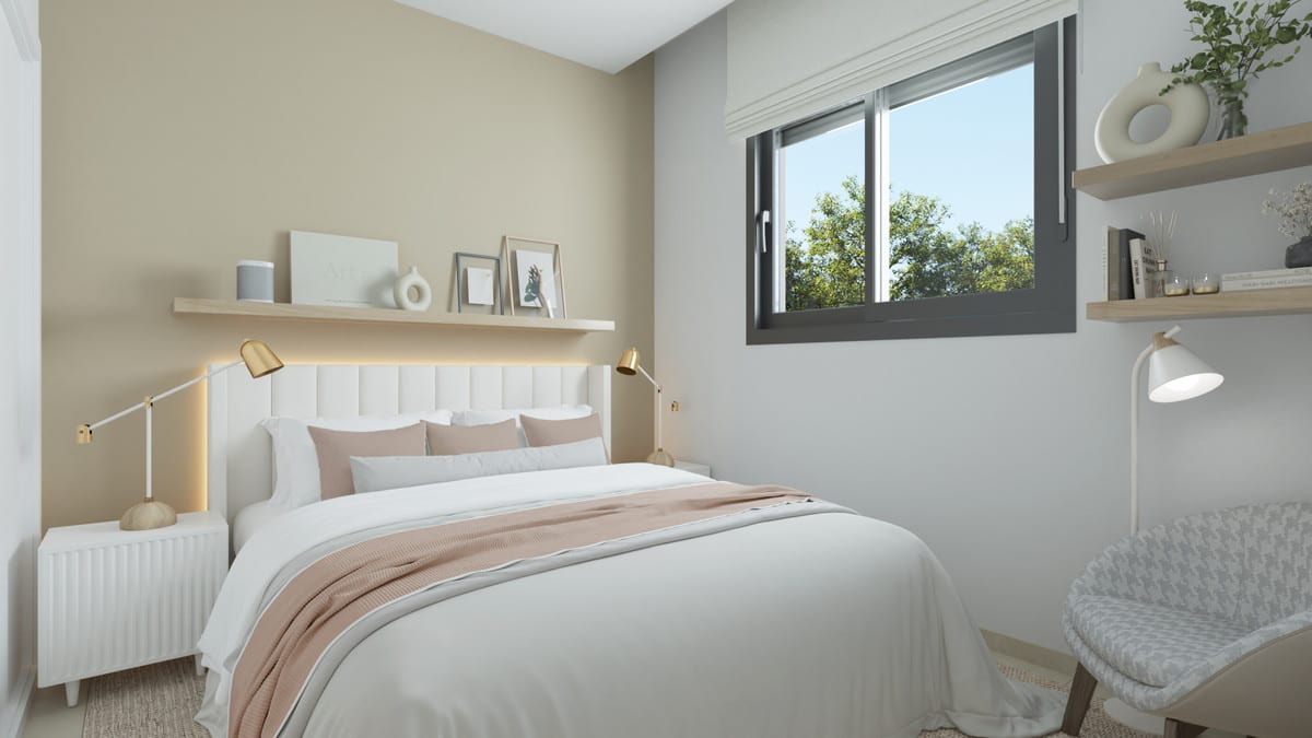 Project visualisation of ALEXANDRA'S DREAM featuring a bedroom, double bed, wall shelves, armchair and a window overlooking trees.