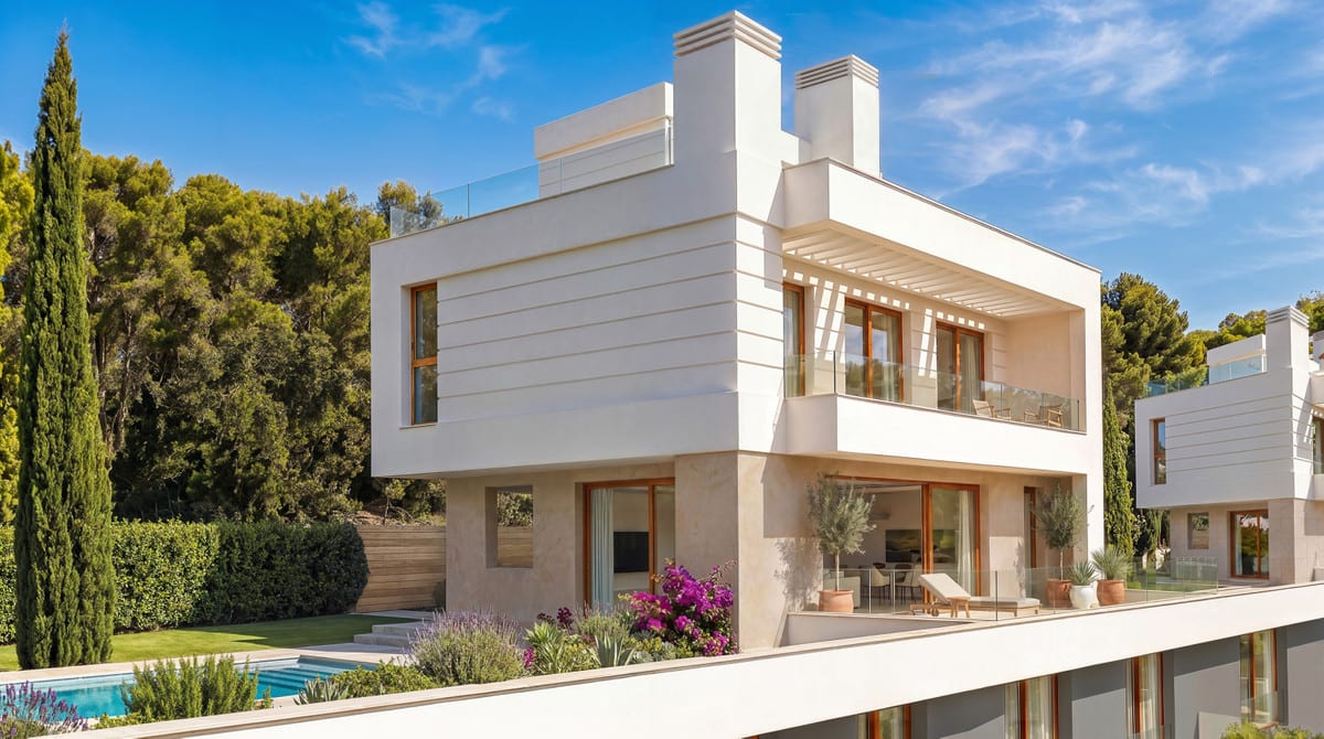 Photo of ALMARA VILLAS with a white cubic building, copper-coloured window frames, glass balcony balustrade, swimming pool, bougainvillea and surrounding greenery.