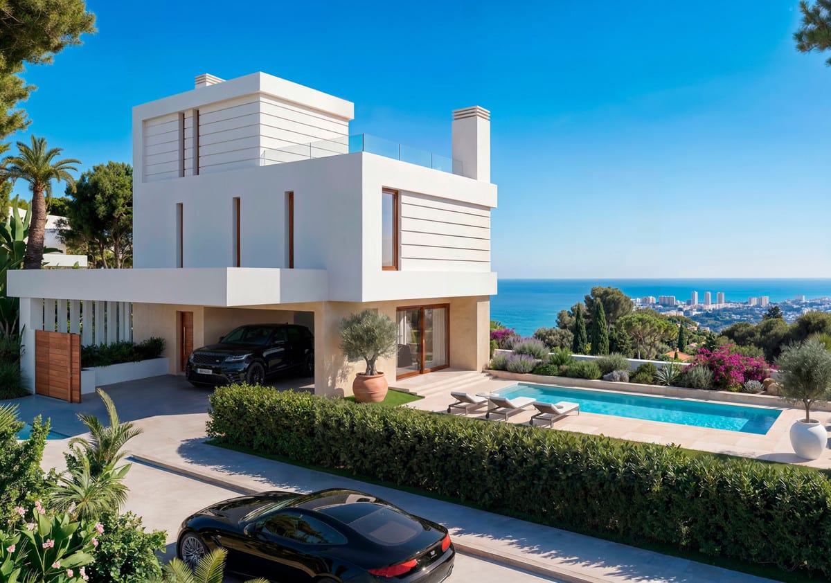 Project visualisation of ALMARA VILLAS with a white building, covered parking space, swimming pool with sun loungers, potted olive tree and a coastal town with the sea in the background.