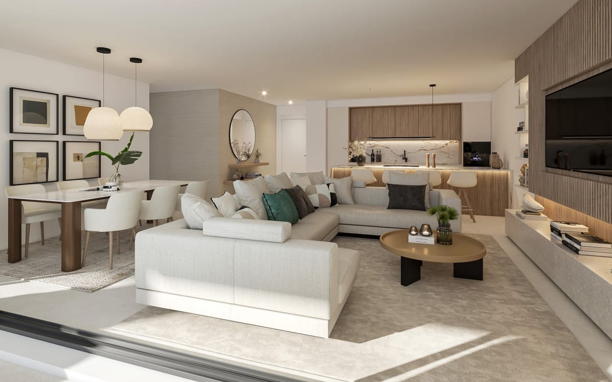Rendered open living space combining a seating area, dining area and kitchen in warm, calm tones.