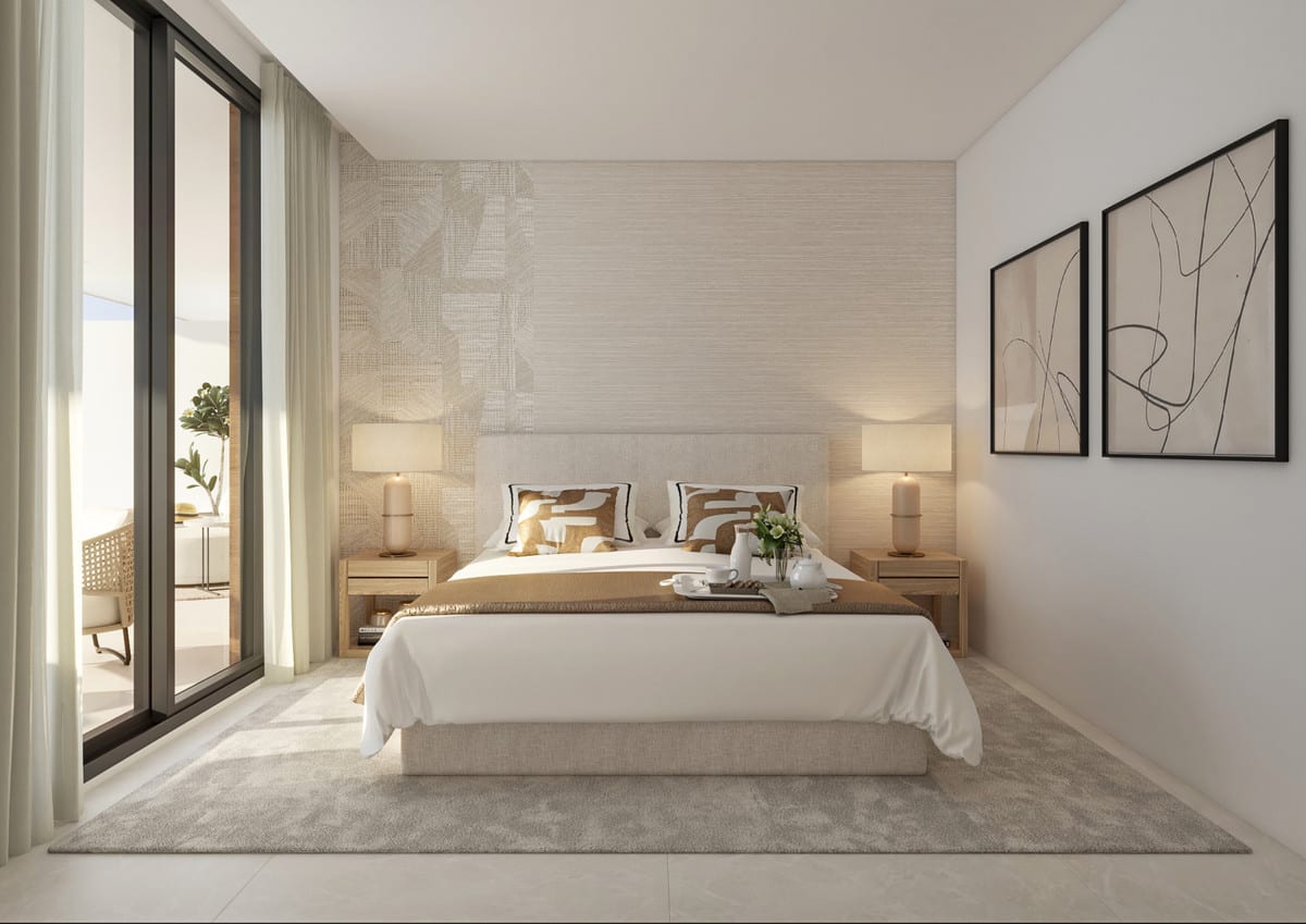 Rendered bright bedroom with soft furnishings, wood-effect accents and a sliding door to the outside.
