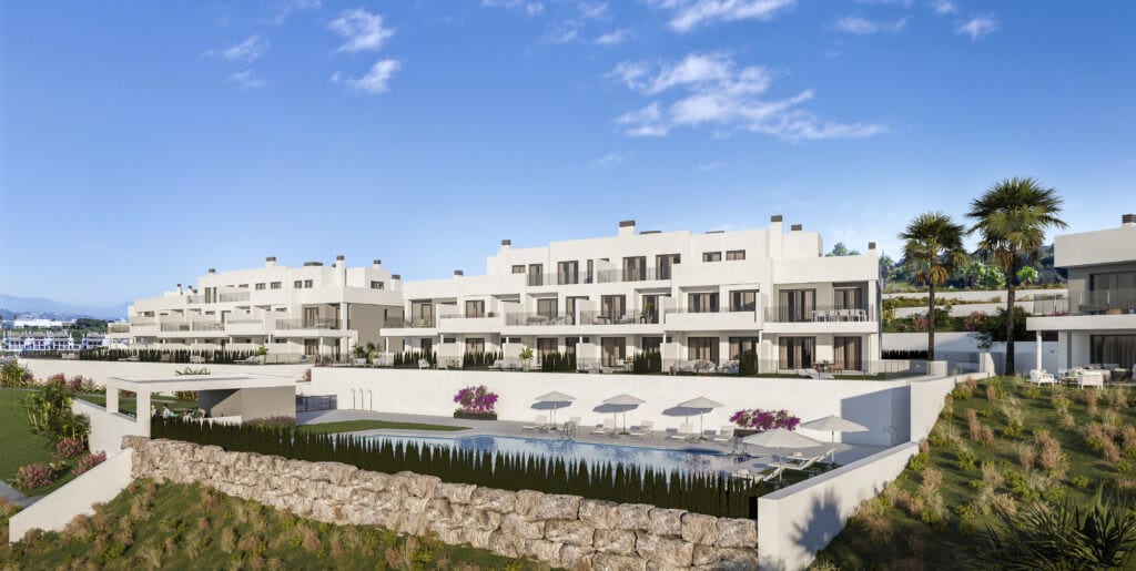 Rendered project visualisation of ALTARA ALCAIDESA featuring light-coloured residential buildings, terraces, an outdoor swimming pool, palm trees and a natural stone retaining wall in the foreground.