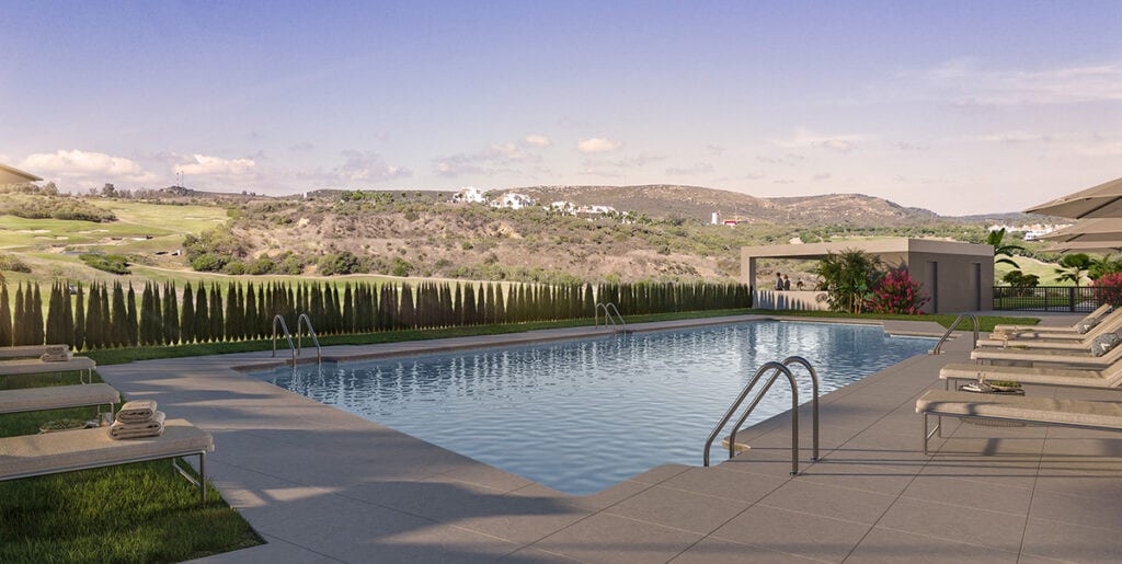 Rendered project visualisation of ALTARA ALCAIDESA featuring a rectangular outdoor swimming pool, sun loungers on a tiled terrace and a dry hilly landscape in the background.