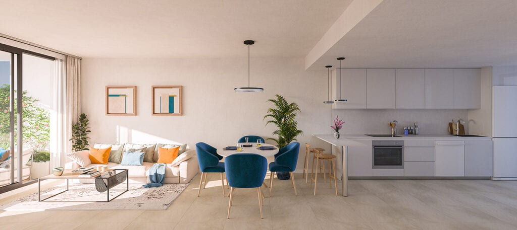 Rendered interior visualisation of ALTARA ALCAIDESA featuring a bright living room, a round dining table with blue chairs, a seating area and a white open-plan kitchen.