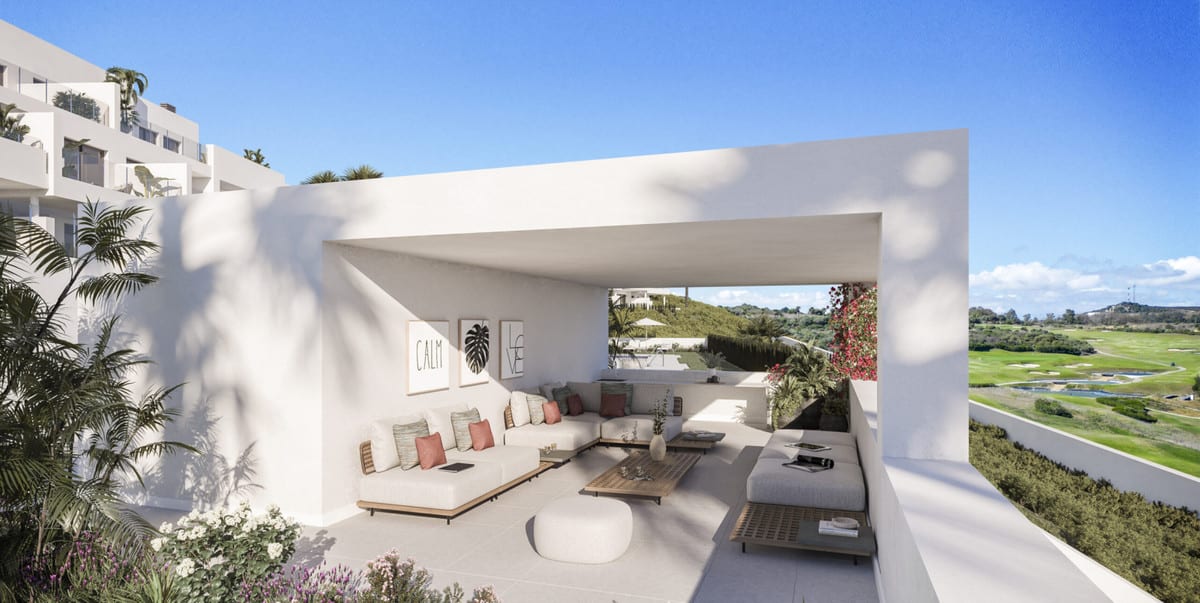Rendered terrace visualization of ALTARA ALCAIDESA with white seating benches under a solid roof, decorative plants and greenery in the background.