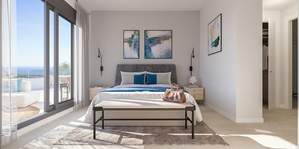 Rendered bedroom visualisation of ALTARA ALCAIDESA featuring a double bed, two paintings above the bed, swing-arm lamps and sliding glass doors with distant water views.