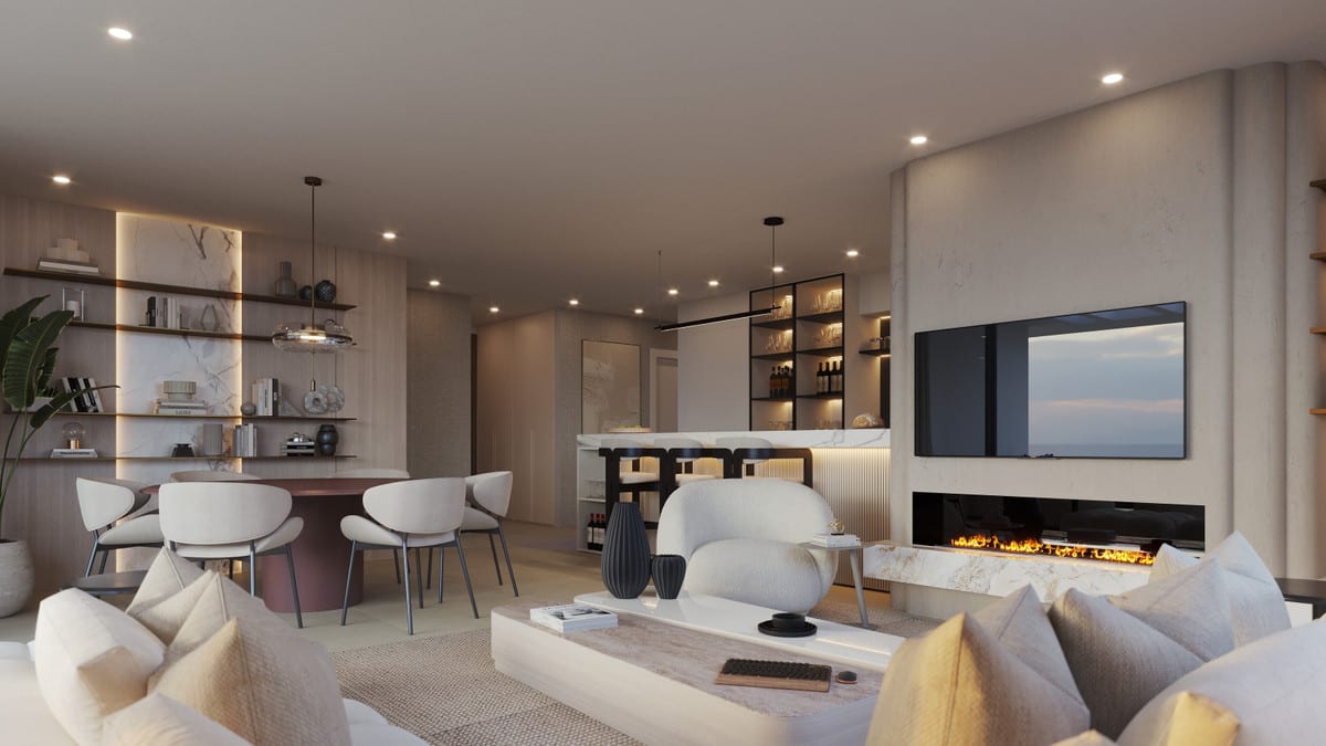 Development visualisation of ALTEZZA SUITES at dusk with a light seating area, round dining table with white chairs, illuminated wall shelving, kitchen bar with stools, television and a wide built-in fireplace with visible flames.