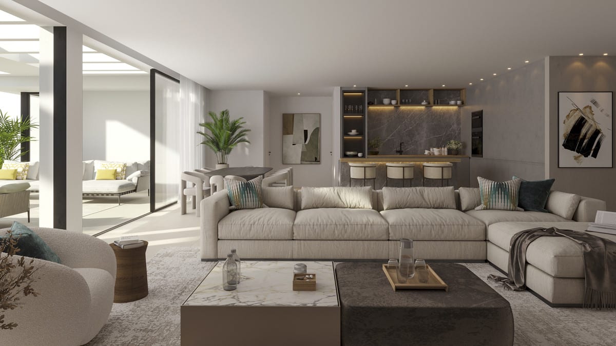 Development visualisation of ALTEZZA SUITES with a wide light sofa with colourful cushions, marble and dark coffee tables, a kitchen bar with illuminated shelving and dark stone-effect splashback, and sliding glass doors opening onto a covered terrace.