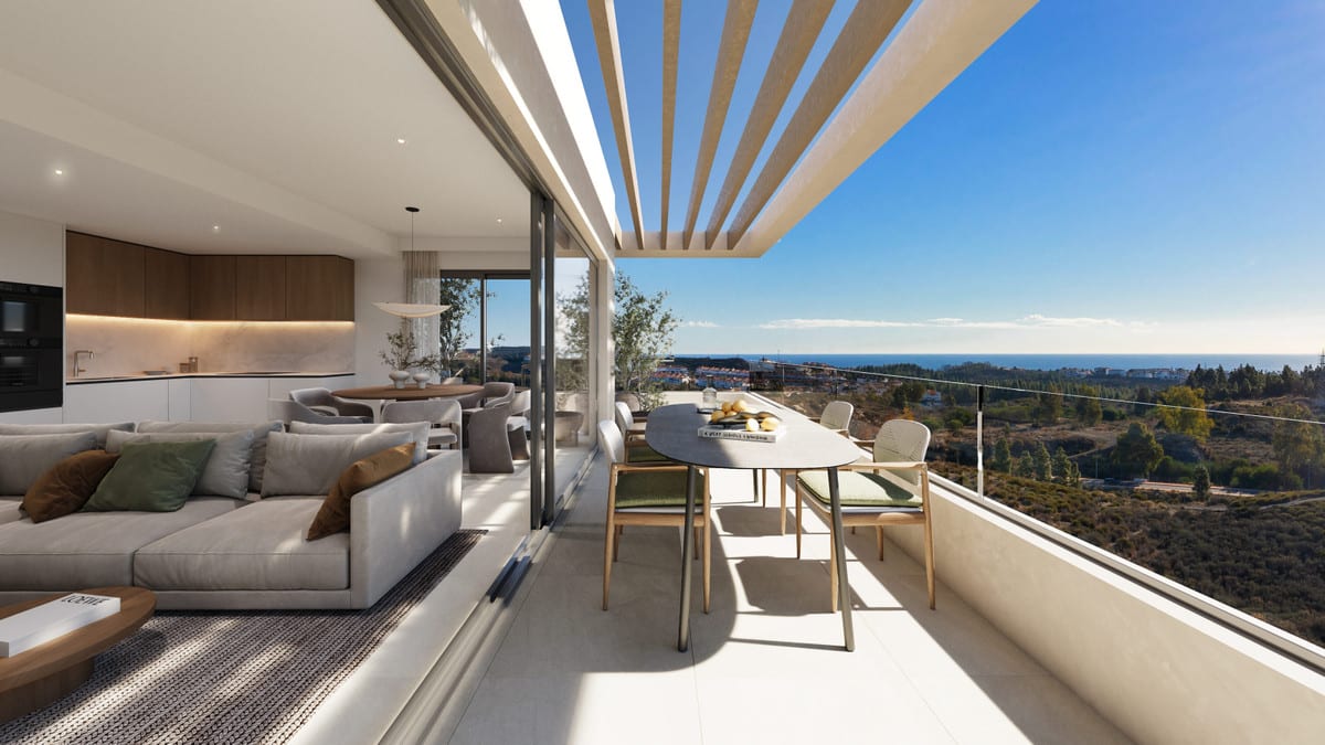 Rendered project visualisation of ALTOS DEL CHAPARRAL featuring a covered terrace, dining table and open-plan living space behind sliding glass doors.