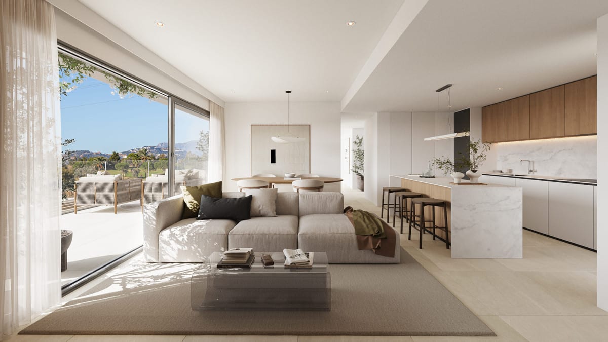 Rendered project visualisation of ALTOS DEL CHAPARRAL featuring a bright living space, beige sofa, dining table and kitchen with a marble-effect island.