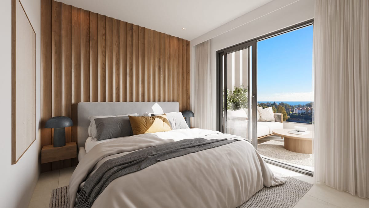 Rendered project visualisation of ALTOS DEL CHAPARRAL featuring a bedroom, wooden wall panels, double bed and access to a furnished terrace.