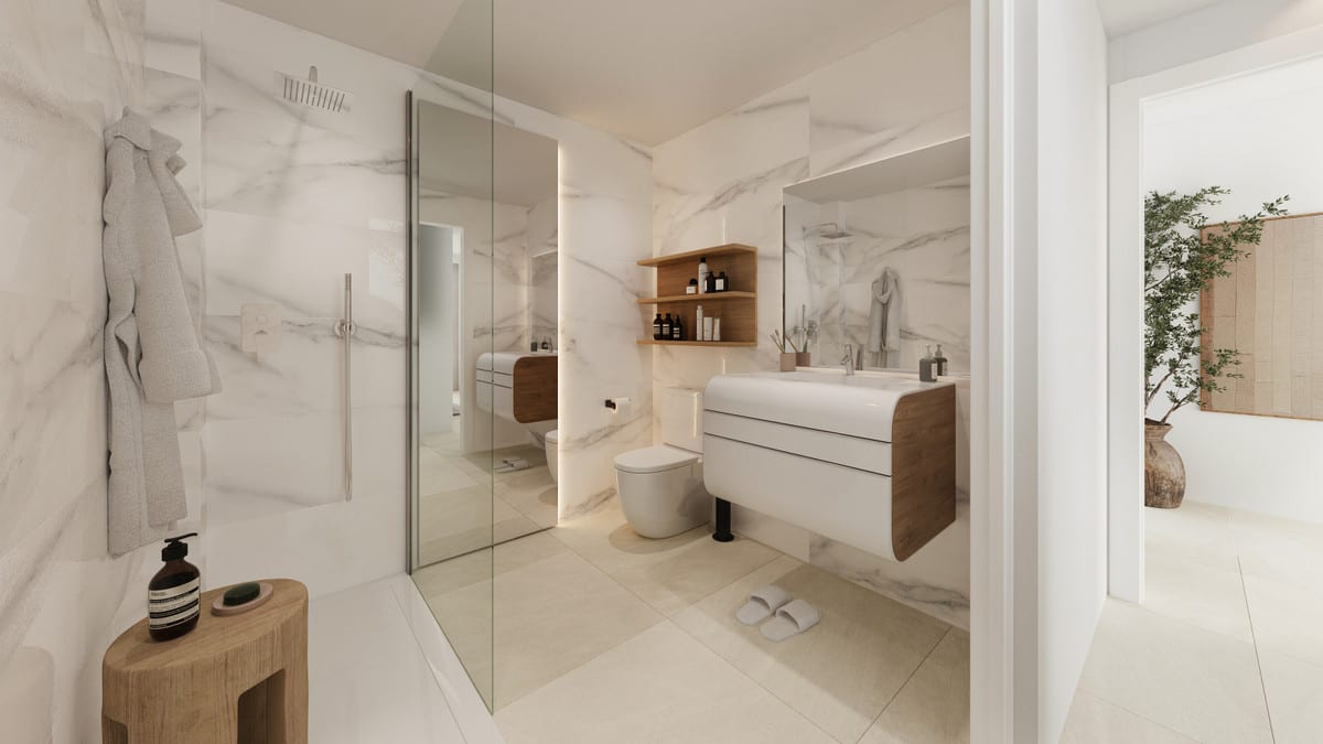Rendered project visualisation of ALTOS DEL CHAPARRAL featuring a bathroom with a glass shower screen, marble-effect wall tiles, toilet and vanity unit.