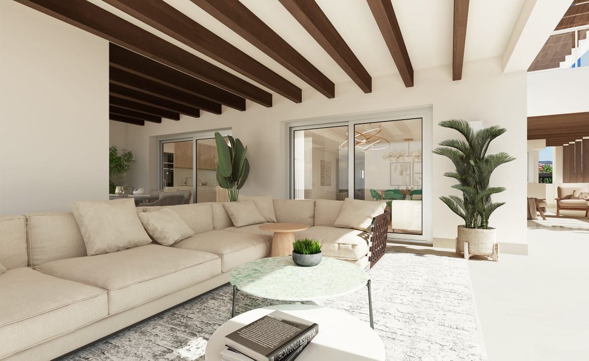 Visualisation of a covered terrace at ALTURA 160 with a beige corner sofa, dark timber beams, round tables and plants; glass sliding doors look into the living space.