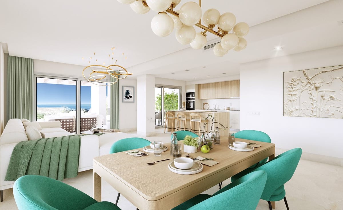 Rendered interior visualisation of ALTURA 160 with a wooden dining table, turquoise chairs, a globe pendant light, an open-plan kitchen with wooden cabinets and bar stools, a white sofa with a green throw and glass sliding doors to the outdoor area.