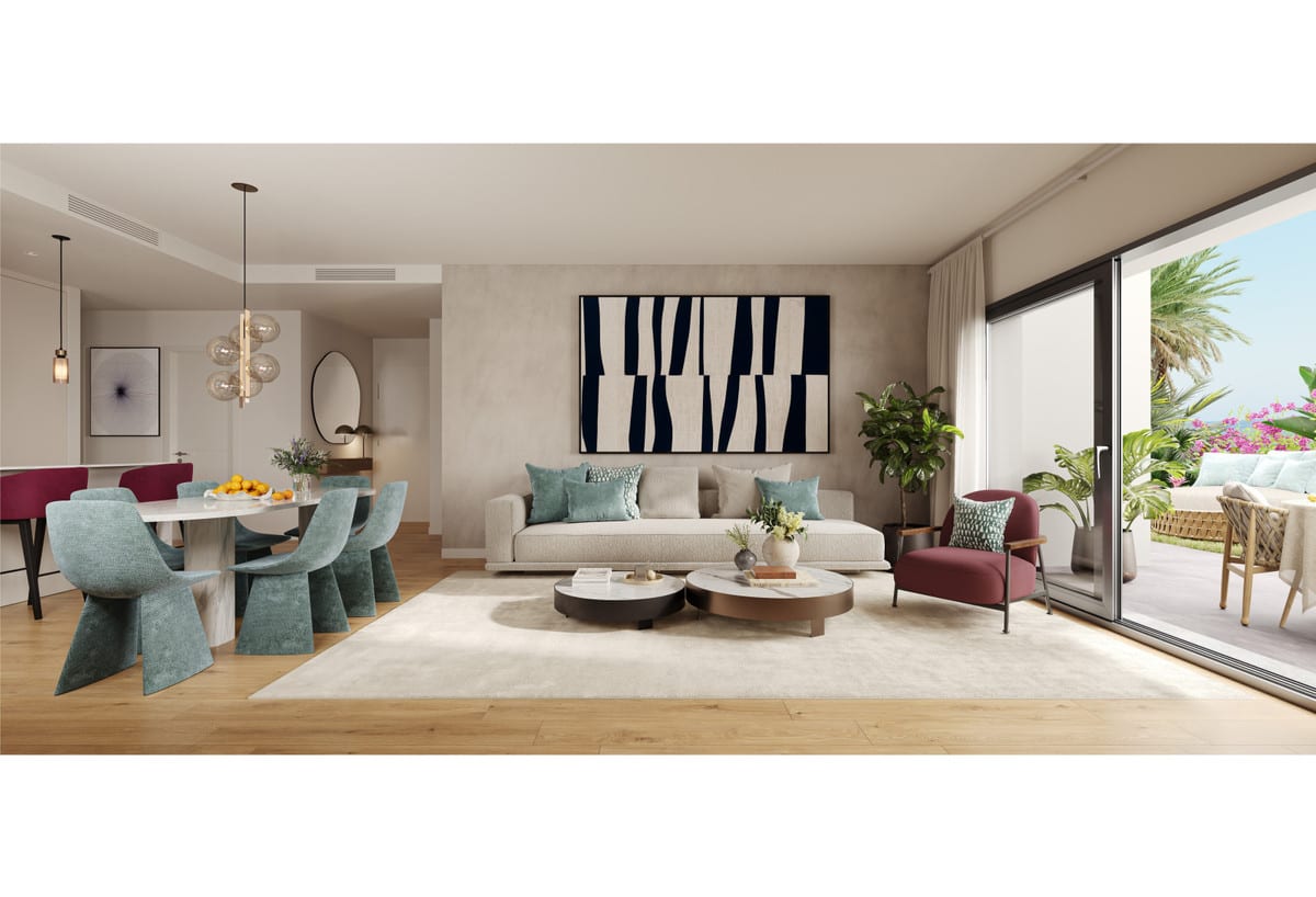 Rendered interior visualisation of ALURA LIVING with a living room, light-coloured sofa, organic coffee table, rug, wooden floor, dining area with marble table and teal chairs, adjoining kitchen area and sliding doors opening onto a terrace with a palm tree.