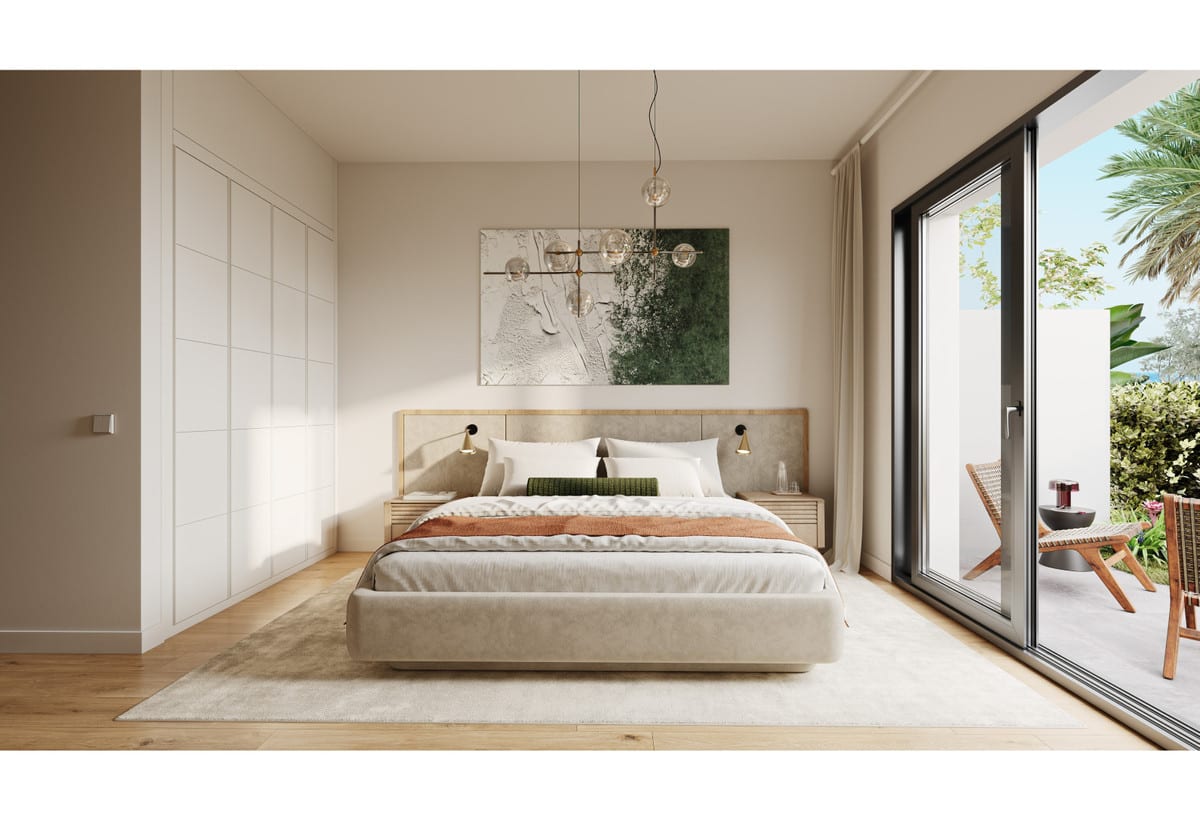 Rendered interior visualisation of ALURA LIVING with a bedroom, upholstered bed with a wooden headboard surround, wall lights, fitted white wardrobes, wooden floor and sliding doors to an outdoor area with chairs and planting.