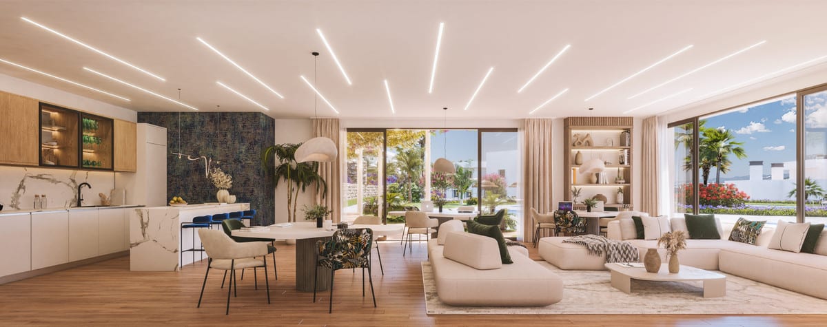 Project visualisation of AMARANTA LIVING with an open-plan kitchen, dining area, living area and wide sliding glass doors leading to a green terrace.