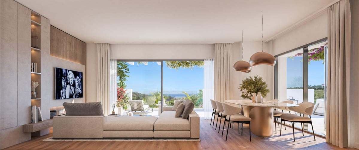 Project visualisation of AMARANTA LIVING with a lounge area, dining table, wooden floor and sliding glass doors opening onto a terrace with water visible on the horizon.