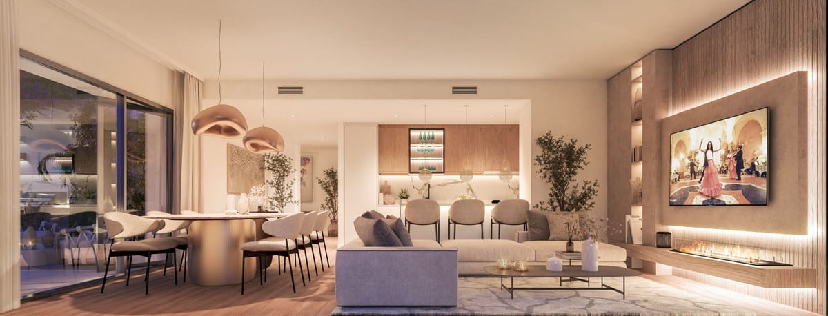 Project visualisation of AMARANTA LIVING with a living area, dining table, open-plan kitchen, television and illuminated wall fireplace.