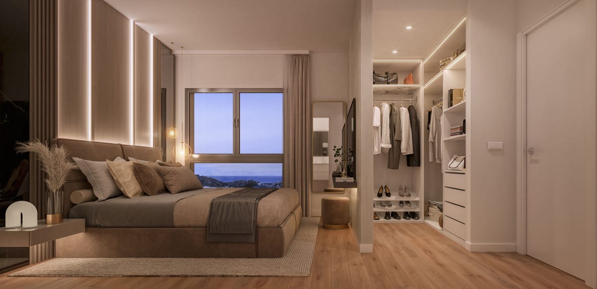 Project visualisation of AMARANTA LIVING with a bedroom, upholstered bed, integrated lighting and walk-in wardrobe.