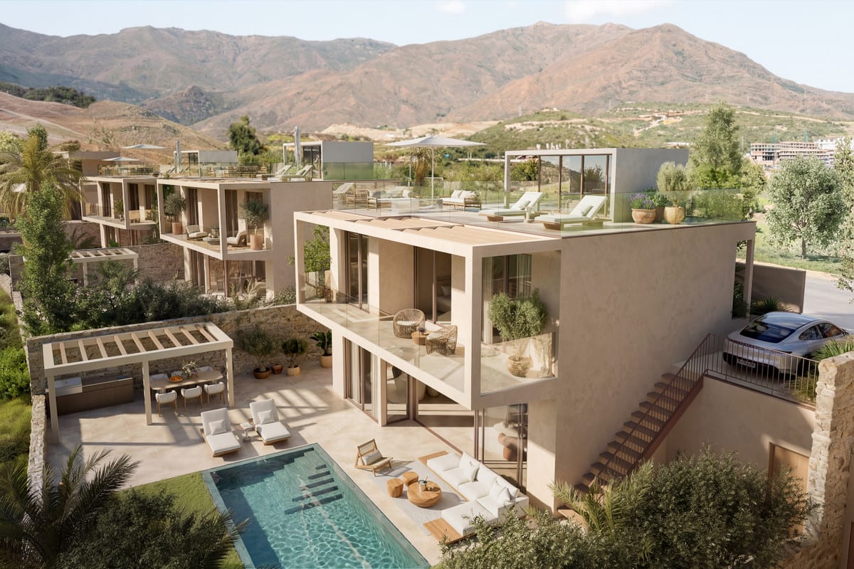 Exterior visualisation with pool, shaded dining area and terraces on several levels.