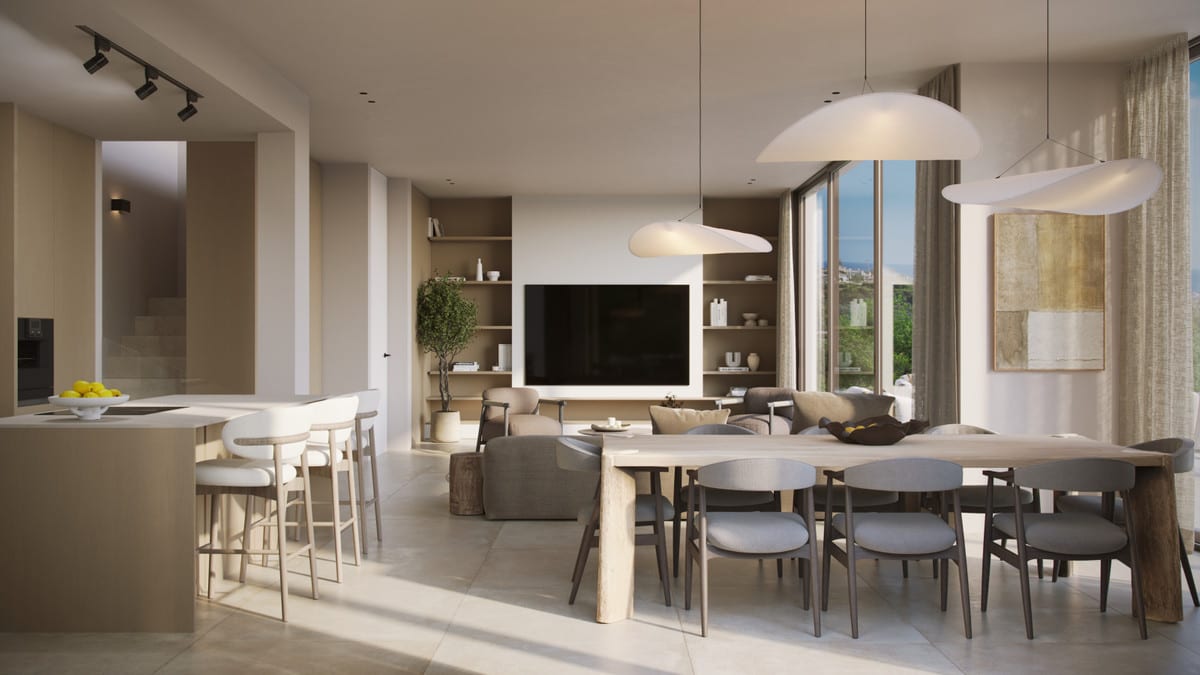 Interior visualisation connecting the open kitchen, dining table and seating area.