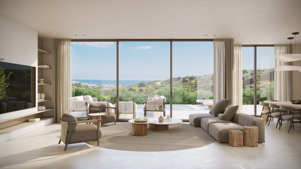 Living room visualisation with broad glazing and views towards the sea.