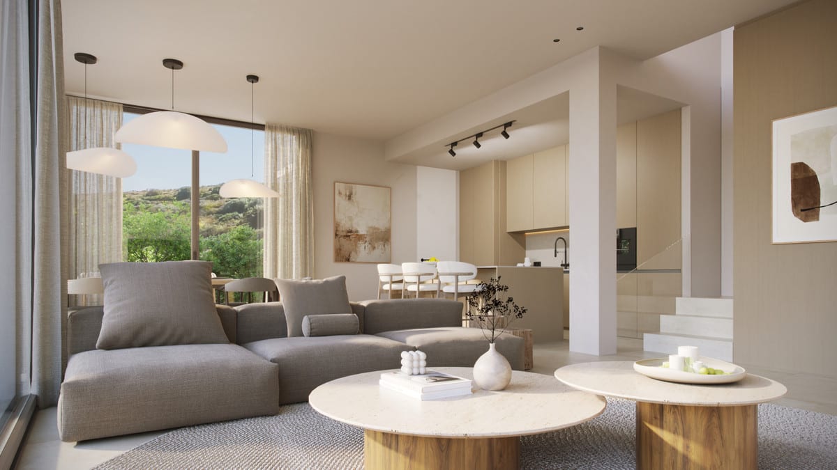Living room visualisation with the kitchen, dining area and staircase behind the sofa.