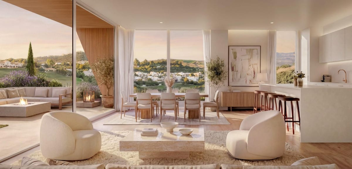 Project visualisation of AMENÁBAR CORTESÍN featuring an open-plan living room, timber flooring, rounded armchairs, a dining table, kitchen bar with bar stools and large glass sliding doors leading to a terrace.