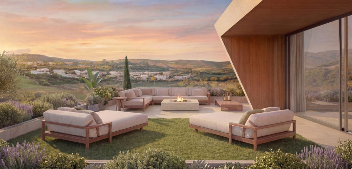Project visualisation of AMENÁBAR CORTESÍN featuring a terrace and lawn, timber sun loungers with light cushions, a large corner sofa, a low fire table and glass sliding doors to the side.