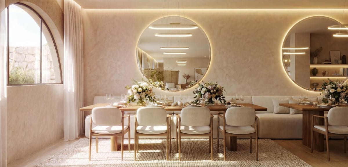 Project visualisation of AMENÁBAR CORTESÍN featuring a dining area with a timber table and upholstered chairs, two round illuminated wall mirrors, an arched window and light curtains.