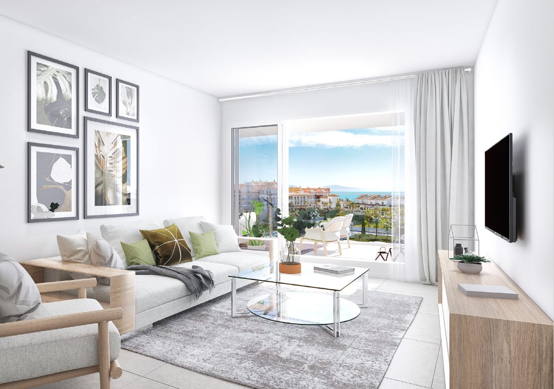 Project visualisation of the living room at AMPHORA BEACH FASE III with a light-grey sofa, wooden armchair, glass coffee table, television and sliding doors to the terrace.