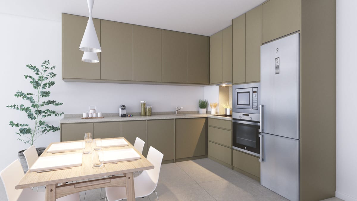 Project visualisation of the kitchen at AMPHORA BEACH FASE IV with olive-green cabinets, a wooden dining table, built-in oven and microwave, and a stainless-steel fridge.