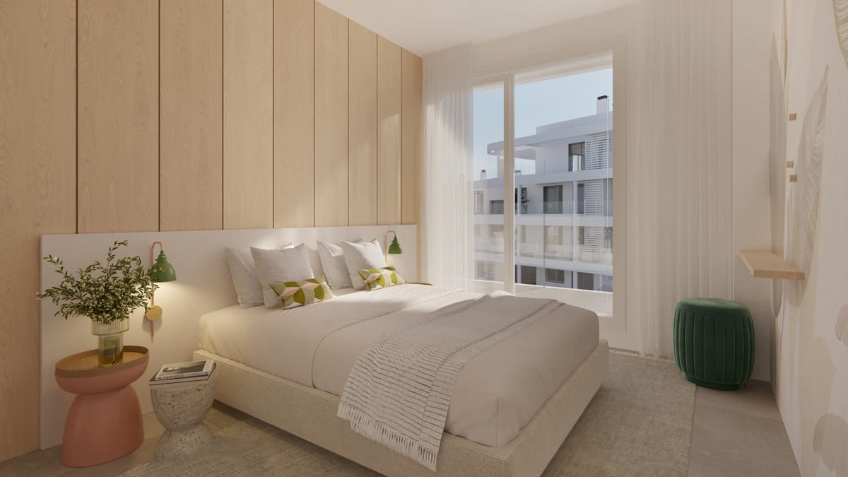 Development visualisation of ANNA DE ESTEPONA with a bedroom, light wooden wall panels, a double bed with beige bedding, two green wall lights and a sliding door with sheer curtains.