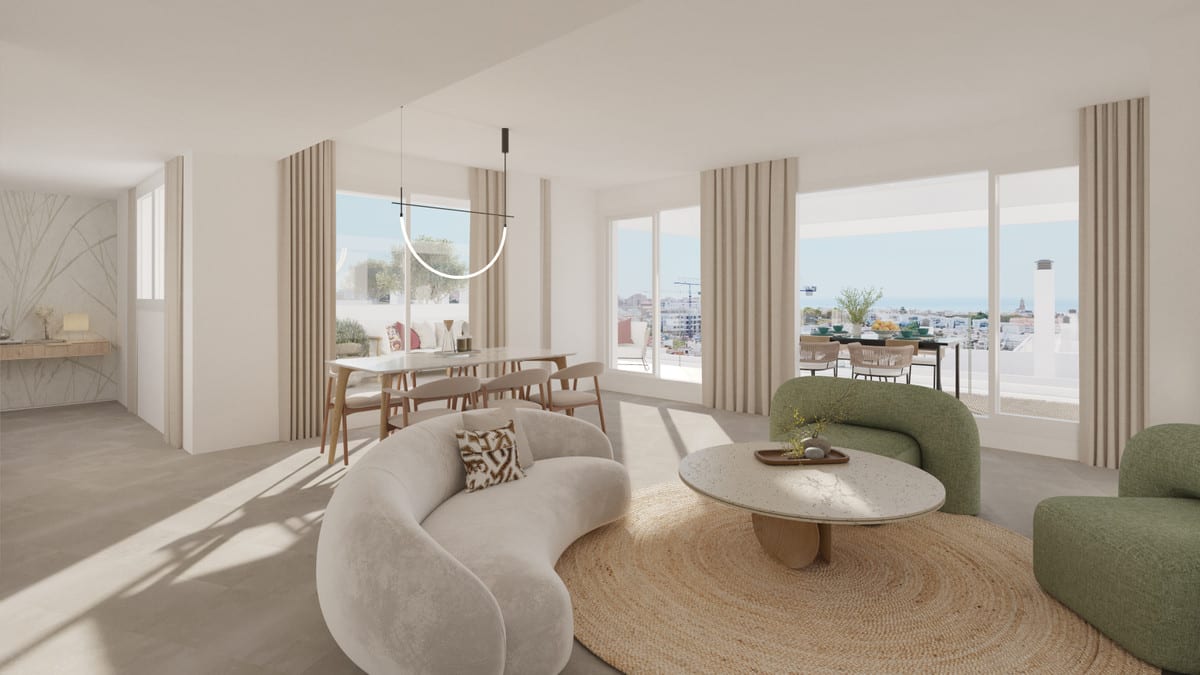 Development visualisation of ANNA DE ESTEPONA with an open-plan living and dining area, a rounded cream sofa, a round marble-effect coffee table on a jute rug, a rounded green sofa and large windows with light curtains.