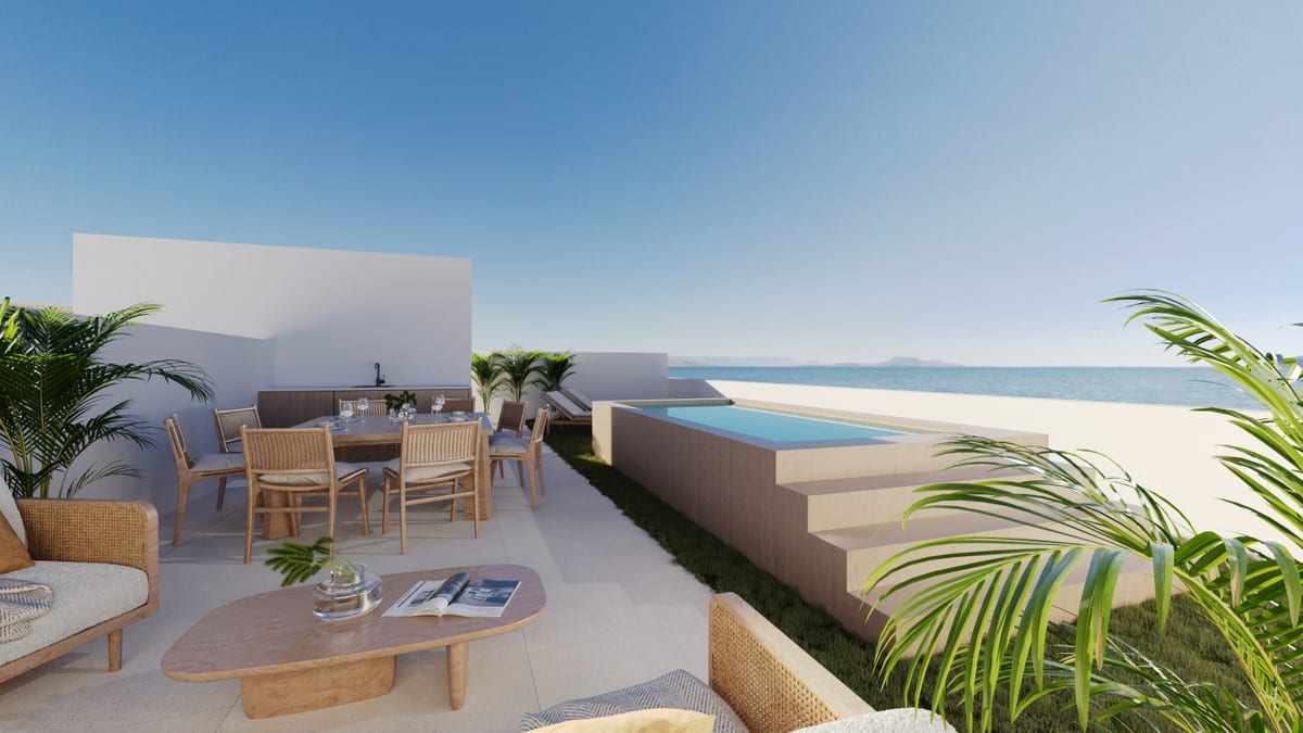 Project visualisation of ARMONIA featuring a furnished terrace, wooden dining table, woven chairs, planting and a small rectangular swimming pool.