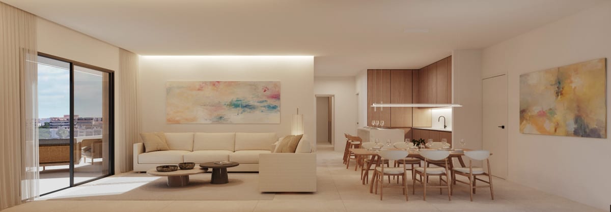 Project visualisation of ARMONIA featuring a bright seating area, dining table, wooden kitchen wall, wall art and a glass sliding door.