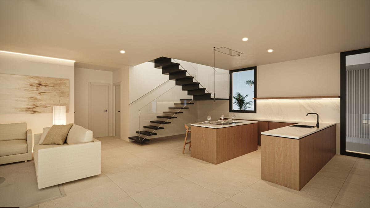 Project visualisation of ARMONIA featuring a kitchen with wooden cabinets and a central island, a black staircase and light tiled flooring.