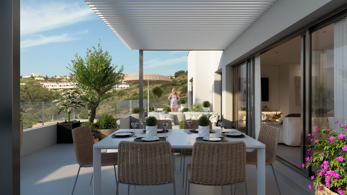 Project visualisation of ARRECIFE featuring a covered terrace, white dining table with woven chairs, white louvred pergola, glass balustrade, olive tree and bougainvillea.