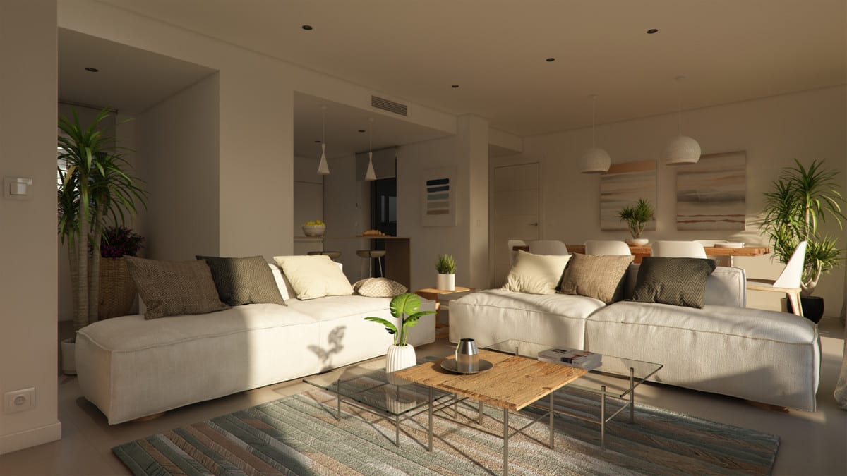 Project visualisation of ARRECIFE featuring a warmly lit living room, two cream sofas, a coffee table with a woven top and metal frame, striped rug, houseplants and adjoining dining area.