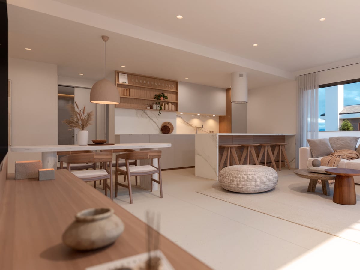 Project visualization of ARTEMISA with dining table, wooden chairs, open kitchen with marble-look island and seating area on the right.