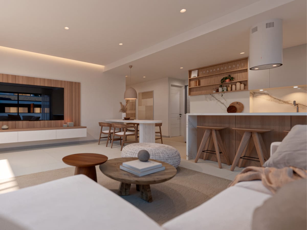 Project visualisation of ARTEMISA with a wooden TV wall, television, dining area with pendant light and kitchen bar with wooden bar stools.