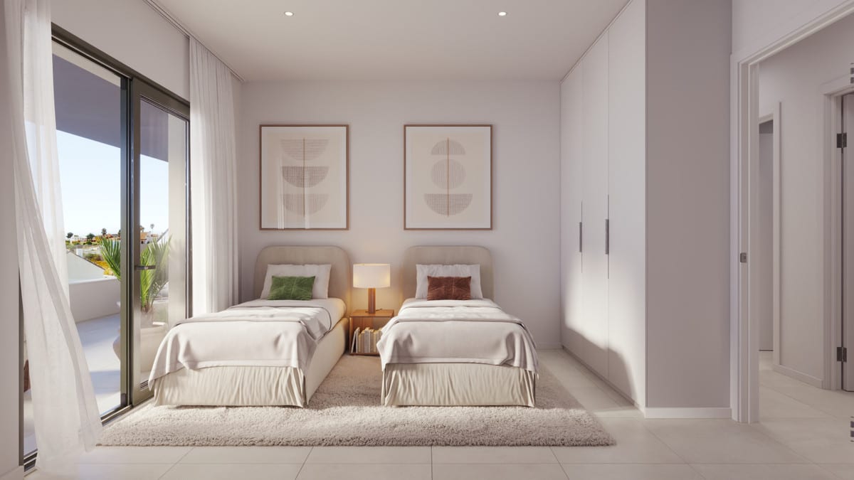 Rendered interior visualisation of ASTRA HOMES featuring two single beds, a bedside table with lamp, a rug, a fitted wardrobe and sliding doors with curtains leading to an outdoor area.