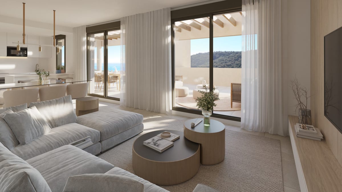 Project visualisation of ATRIA - PHASE 2 with a living room, sofa, round coffee tables, open-plan kitchen and glass sliding doors leading to two terraces.