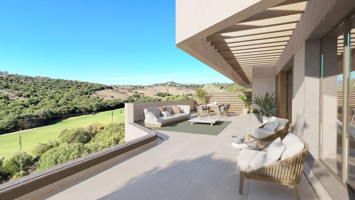 Project visualisation of ATRIA - PHASE 2 with a wide terrace, wooden ceiling beams, seating areas, dining table and glass balustrade above a green golf course.