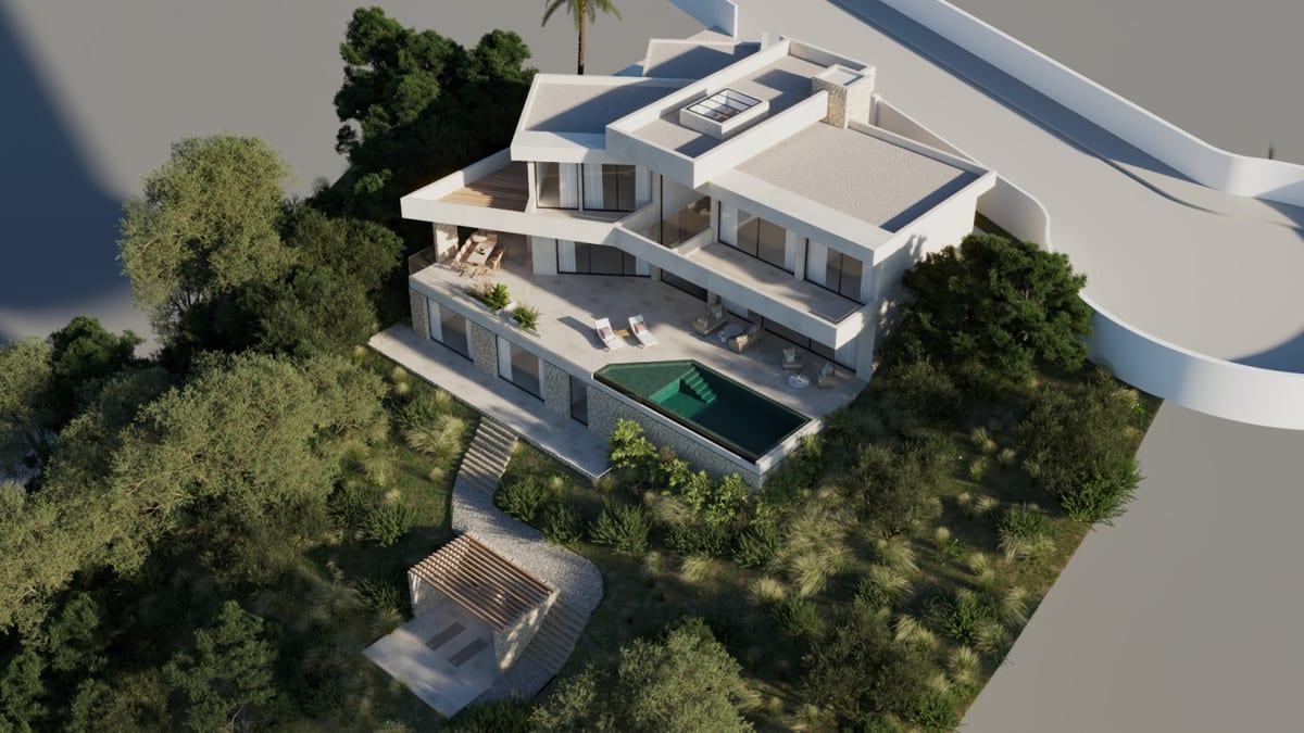 Aerial visualisation of AURA CABOPINO showing the buildings, terraces and surrounding residential setting.