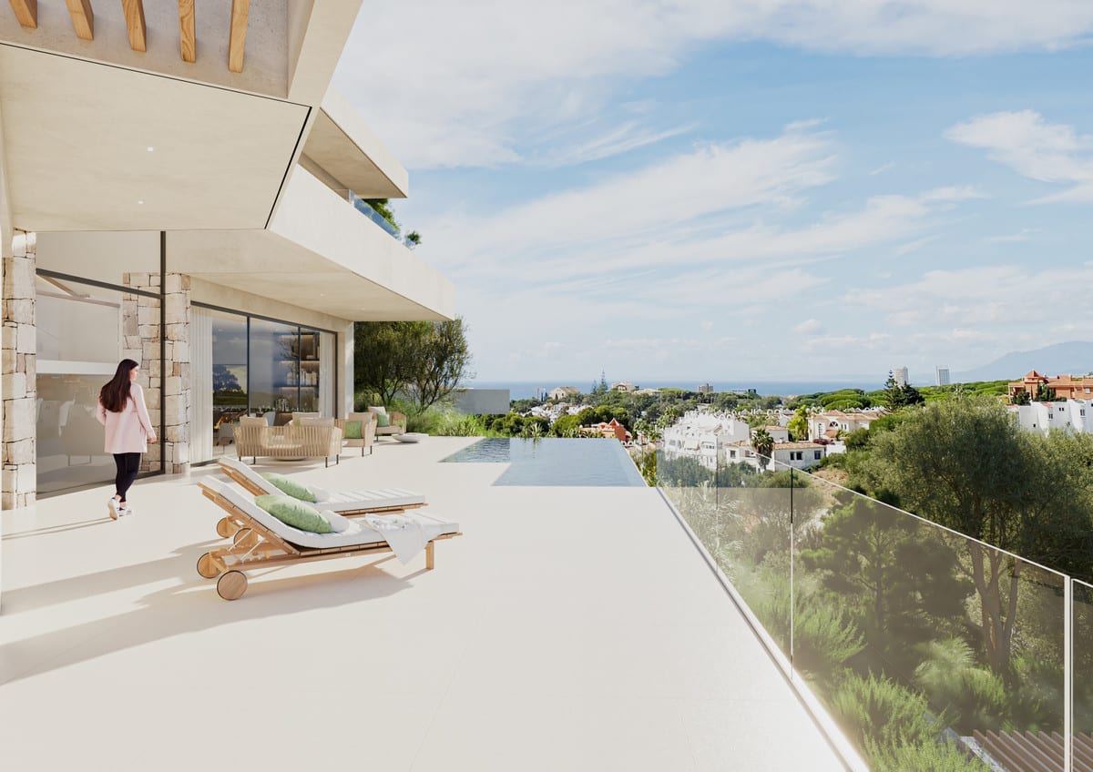 Visualisation of the terrace with a swimming pool, sun loungers and a glass balustrade.