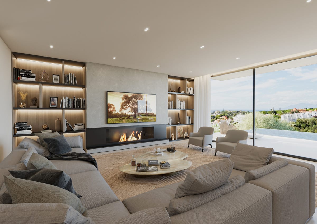 Visualisation of the living room with a fireplace, built-in bookshelves and large windows.