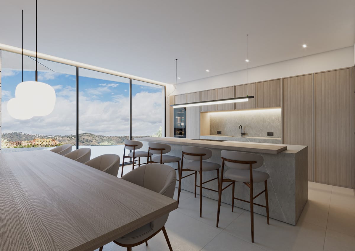 Visualisation of the open kitchen with an island, bar stools and an adjoining dining table.
