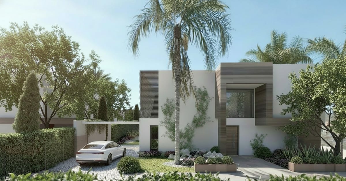 The entrance side combines white facades, horizontal timber slats, a carport and a gravel driveway surrounded by greenery.